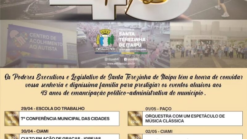 Prefeito Bim e Pastor Júlio convidam para Culto em Ação de Graças pelos 43 anos de Santa Terezinha de Itaipu.