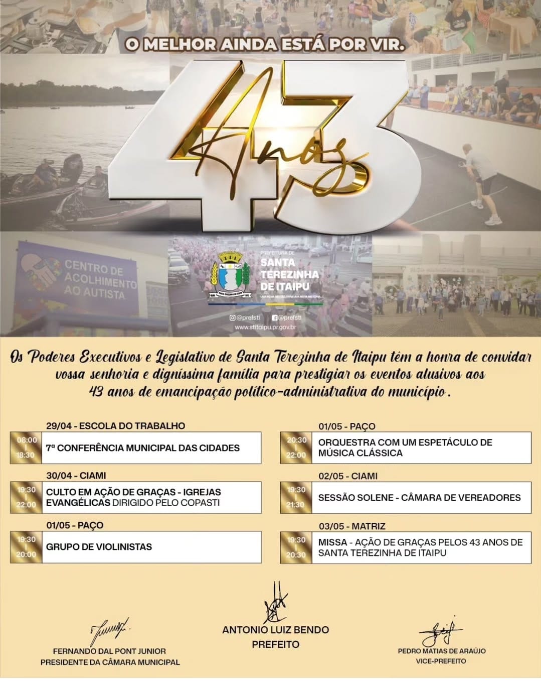 Prefeito Bim e Pastor Júlio convidam para Culto em Ação de Graças pelos 43 anos de Santa Terezinha de Itaipu.