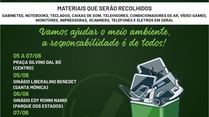 DESCARTE DE LIXO ELETRONICO ESTA PROGRAMADO ENTRE OS DIAS 05 A 07 DE JUNHO EM SANTA TEREZINHA DE ITAIPU.