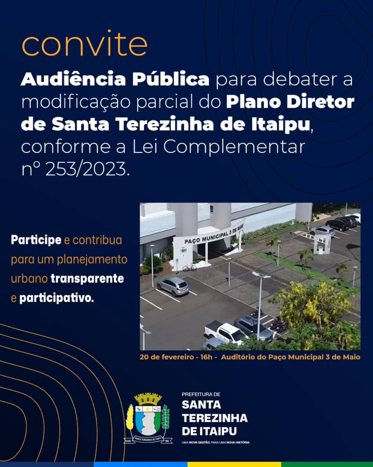 Prefeitura convoca população para Audiência Pública  sobre o Plano Diretor dia 20 de fevereiro as 16 hrs
