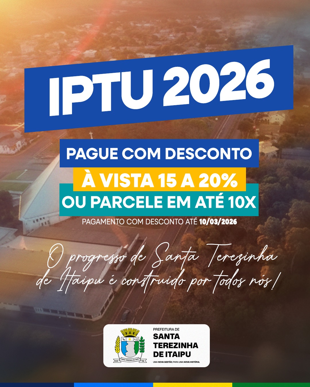 Santa Terezinha de Itaipu lança IPTU 2026, com descontos de 15% a 20%, à vista